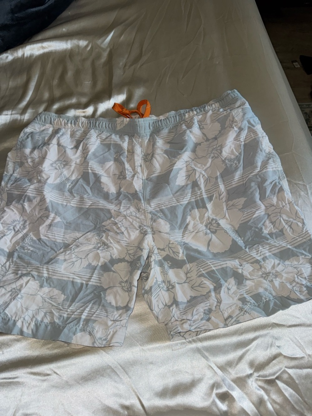 Tommy Bahama Light Blue Floral Swim Trunks with Orange Drawstring